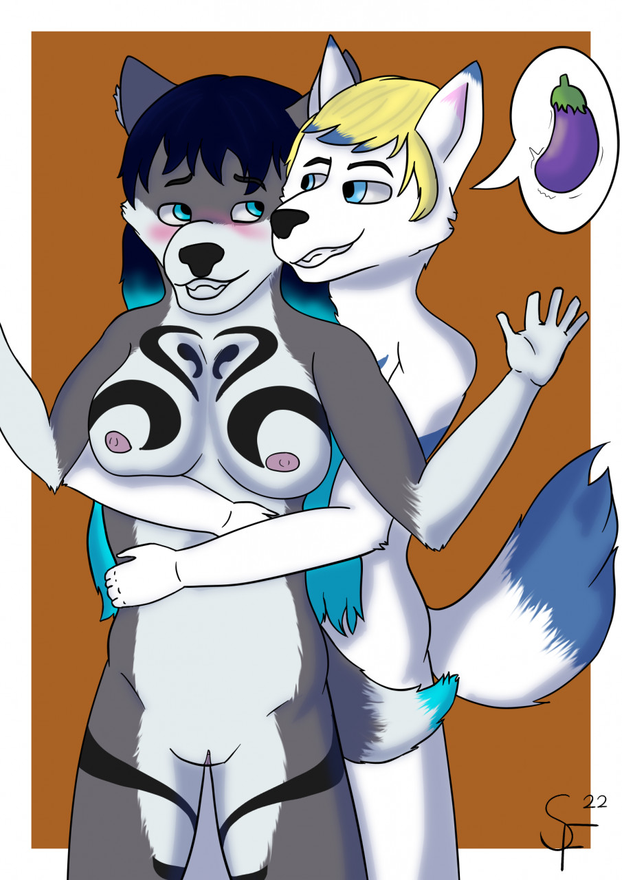 2022 anthro blonde_hair blue_body blue_eyes blue_fur blue_hair blush bottomwear breasts canid canine canis clothing colored digital_drawing_(artwork) digital_media_(artwork) domestic_dog duo embrace female fur genitals gradient_hair grey_body grey_fur hair hi_res hug male male/female mammal multicolored_body natsutheott nipples nude nude_anthro nude_female nude_male open_mouth pinup pose pussy romantic romantic_couple shorts simple_background smile suggestive surprise tail white_body white_fur wolf