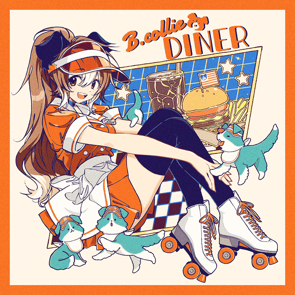 1girl :d :p american_flag animal_ears apron back_bow bib black_thighhighs border border_collie bow brown_eyes brown_hair burger buttons choker cola cross-laced_footwear cup diner dog dog_ears dog_girl double-breasted drinking_straw english_text film_grain food french_fries full_body hair_between_eyes high_ponytail jacket keishin long_hair looking_at_viewer mini_flag multicolored_hair name_tag open_mouth orange_border orange_jacket orange_shirt orange_skirt orange_theme original pleated_skirt ponytail roller_skates shirt short_sleeves skates skirt smile soda solo star_(symbol) teeth thighhighs tongue tongue_out two-tone_hair upper_teeth_only visor_cap waist_apron waitress white_apron white_background white_bow white_footwear white_hair