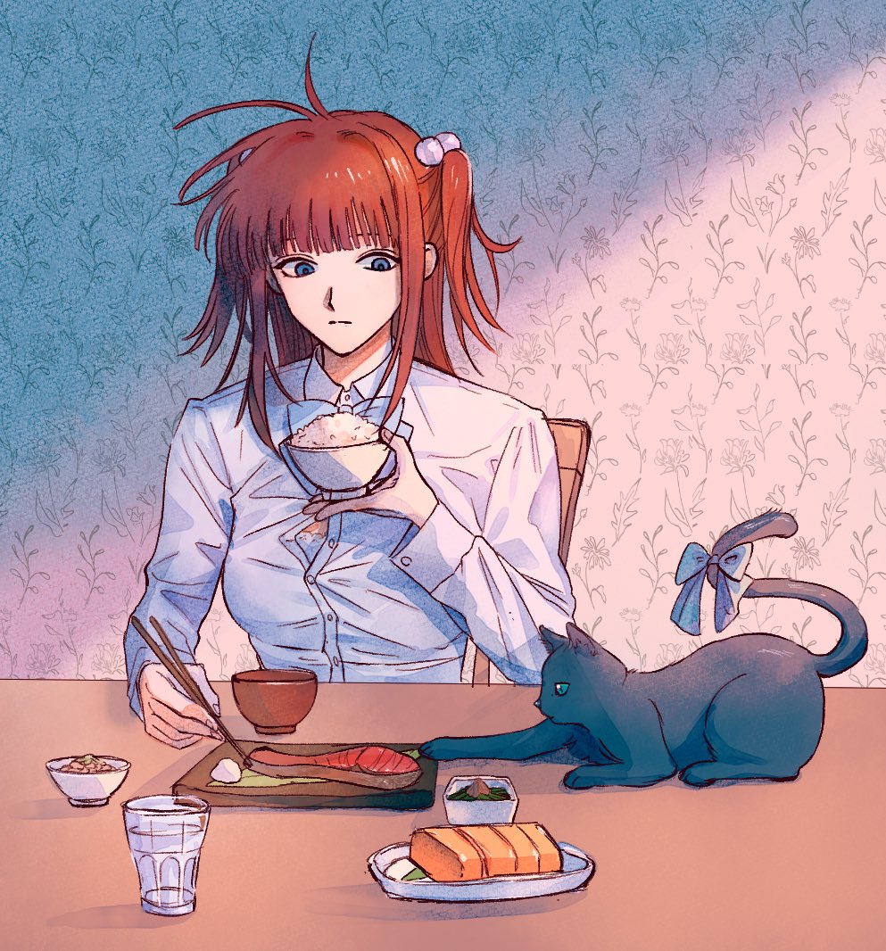 1girl black_cat blue_bow blue_bowtie blue_eyes blunt_bangs bow bowl bowtie bra bra_peek breakfast button_gap cat chair chopsticks collared_shirt cup dress_shirt eating fanged_bangs food frederica_bernkastel_(cat) hair_bobbles hair_ornament holding holding_chopsticks indoors long_sleeves looking_at_another medium_hair messy_hair nasu_(nasuotabe) nattou omelet reaching red_hair rice rice_bowl salmon shirt sitting sleeve_cuffs table tail tail_bow tail_ornament tamagoyaki two_side_up umineko_no_naku_koro_ni underwear ushiromiya_ange wallpaper_(object) wardrobe_error white_shirt