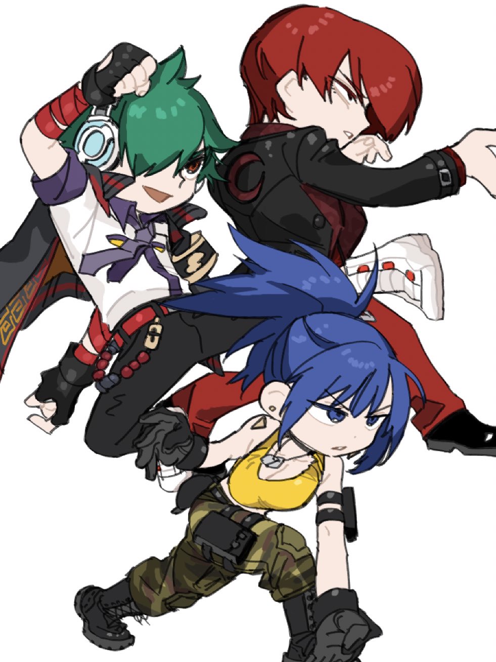 1girl 2boys arm_pouch bandaged_hand bandages blue_hair boots breasts camouflage camouflage_pants cargo_pants chibi combat_boots crop_top dog_tags earphones earrings fingerless_gloves gloves green_hair hair_over_one_eye highres jacket jacket_on_shoulders jewelry leona_heidern multiple_boys necktie pants ponytail red_eyes red_hair red_pants secondary_0000 shun'ei soldier tank_top the_king_of_fighters the_king_of_fighters_xv triangle_earrings yagami_iori yellow_tank_top