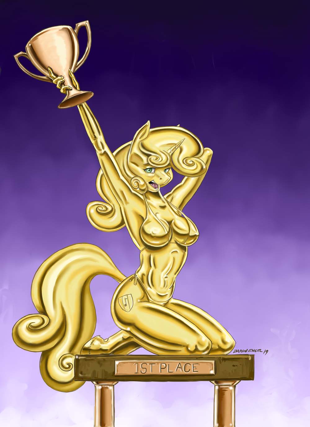 2019 anthro award baron_engel bikini bikini_bottom bikini_top breasts clothing cutie_mark equid equine female friendship_is_magic golden_body half-closed_eyes hand_behind_head hasbro hi_res holding_award holding_object holding_trophy hooves horn kneeling looking_at_viewer luster_dust mammal mane my_little_pony narrowed_eyes navel open_mouth raised_arm signature solo sweetie_belle_(mlp) swimwear teeth text tongue trophy unicorn unicorn_horn