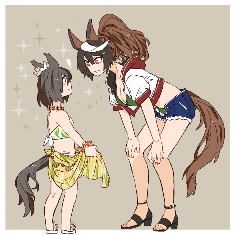 ! 2girls aged_down air_groove_(seaside_bloom)_(umamusume) air_groove_(umamusume) all_fours alternate_costume alternate_hairstyle animal_ears ankle_belt asuka_(junerabitts) bare_shoulders bead_necklace beads bikini black_hair blue_eyes blue_shorts breasts brown_hair cleavage collarbone commentary denim denim_shorts ear_flower eyebrows_hidden_by_hair floral_print flower green_bikini groin height_difference high_heels hood hooded_jacket horse_ears horse_girl horse_tail jacket jewelry leaning_forward long_hair micro_shorts midriff multicolored_hair multiple_girls necklace official_alternate_costume open_clothes open_jacket open_shorts outside_border pac-man_eyes pink_eyes red_hood sarong short_hair shorts sparkle summer's_sunlight_fades_to_blue_(umamusume) swimsuit symboli_rudolf_(umamusume) tail tulip umamusume white_bikini white_flower white_hair white_jacket yellow_flower yellow_sarong yellow_tulip