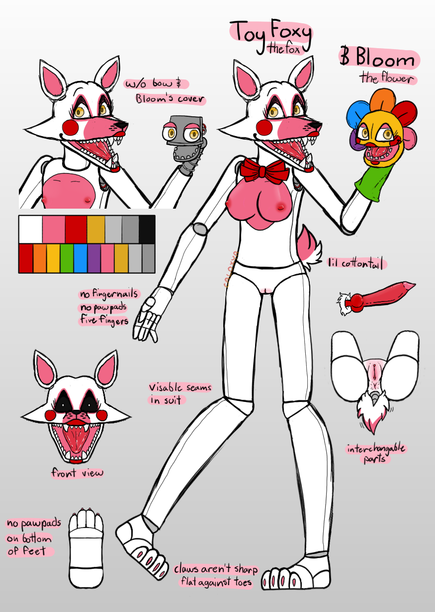 animal_genitalia animal_penis animatronic anthro anus big_breasts bow_tie breasts butt caloxya canid canine canine_genitalia canine_penis duo exposed_endoskeleton five_nights_at_freddy's five_nights_at_freddy's_2 flat_chested fox genitals hand_puppet hi_res intersex looking_at_viewer machine mammal mangle_(fnaf) markings model_sheet nude open_mouth penis pink_markings presenting presenting_hindquarters puppet pussy redesign robot scottgames short_tail tail tongue white_body yellow_eyes