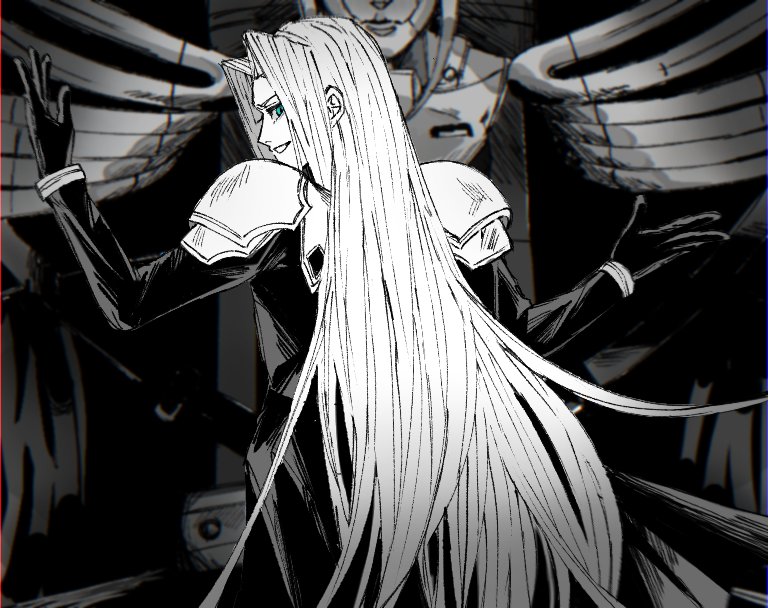 1boy armor black_coat black_gloves coat facing_away final_fantasy final_fantasy_vii gloves grin hands_up indoors jenova long_hair long_sleeves looking_back machinery male_focus monochrome mtr_dayoo outstretched_hand partially_colored pauldrons sephiroth shoulder_armor smile solo white_hair wire
