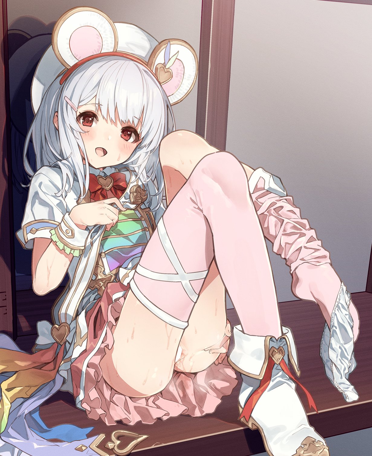 1girl animal_ears ass bar_censor blush boots bow bowtie censored fake_animal_ears granblue_fantasy hair_ornament hairband hairclip heavy_breathing highres indoors long_hair looking_at_viewer mouse_ears open_mouth panties panties_around_one_leg pink_skirt pink_thighhighs pleated_skirt pussy_juice red_bow red_bowtie red_eyes sawayaka_samehada shirt short_sleeves sitting skirt solo stained_clothes steaming_body sweat thighhighs thighhighs_pull underwear vikala_(granblue_fantasy) white_hair white_panties white_shirt wrist_cuffs