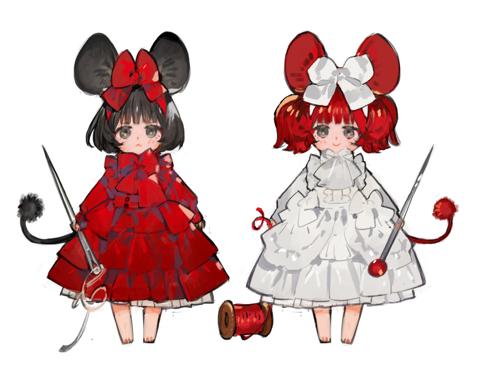 2girls animal_ears arms_at_sides ascot barefoot black_hair blush bob_cut bow bowtie chibi dress frown full_body grey_eyes hair_bow holding holding_needle holding_sewing_needle long_sleeves looking_at_viewer matching_outfits mouse_ears mouse_girl mouse_tail multiple_girls needle original red_bow red_bowtie red_dress red_hair sewing_pin short_hair side-by-side simple_background smile spool standing starshadowmagician straight-on tail thread twintails white_ascot white_background white_bow white_dress