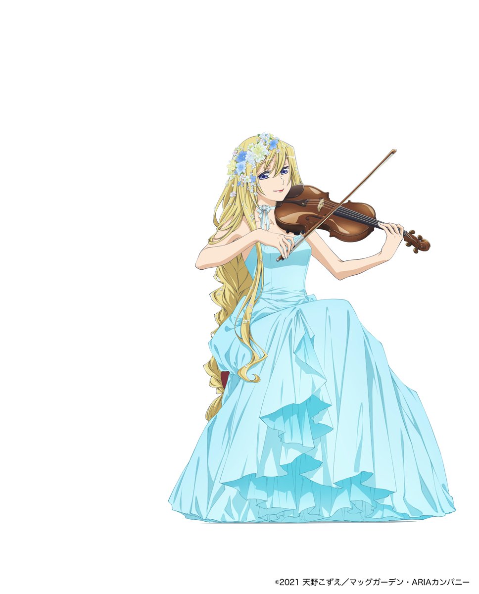 1girl alicia_florence alternate_costume aqua_dress aqua_ribbon aria bare_shoulders blonde_hair blue_eyes bow_(music) braid braided_ponytail breasts collarbone copyright copyright_name dated dress flower hair_flower hair_ornament hands_up hari_(volvox_box) highres holding holding_instrument instrument lips long_hair looking_at_viewer medium_breasts music official_art playing_instrument ribbon simple_background sitting solo strapless strapless_dress viola_(instrument) white_background