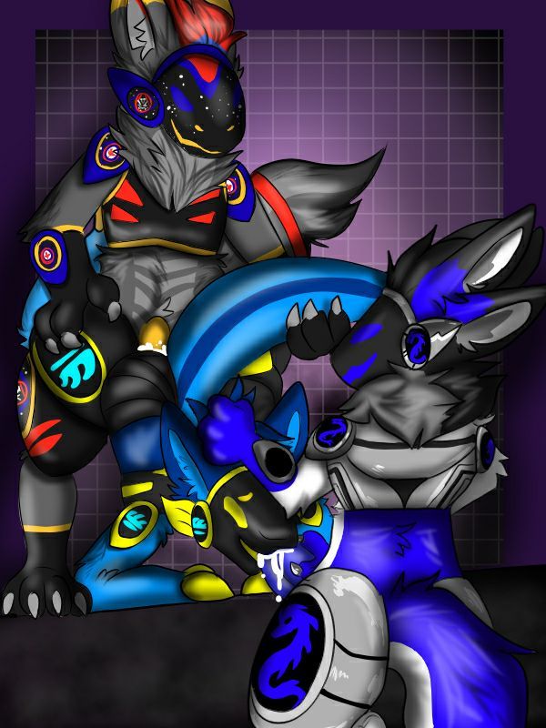 anthro cosmic-ray-the-protogen female group machine male male/female protogen trio unknown_artist