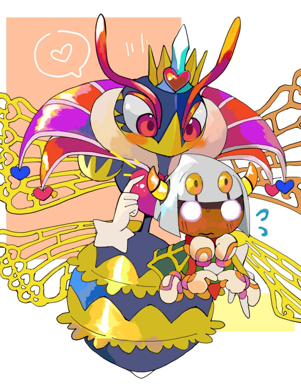 1boy 1girl antennae blush cape commentary_request disembodied_limb flying_sweatdrops gloves heart highres horns insect_wings kirby:_triple_deluxe kirby_(series) ksni_tbn no_humans pink_eyes queen_sectonia taranza white_gloves white_hair wings