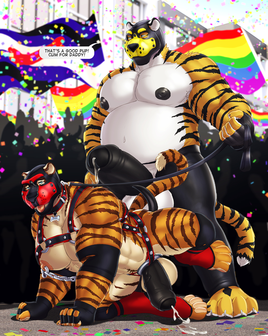 2023 abs accessory age_difference all_fours animal_mask anthro anthro_on_anthro areola asyr balls biceps big_penis biped black_body black_fur bodily_fluids body_hair brown_body brown_fur brown_stripes chaps cock_ring collar confetti cum cumshot daddy_kink digital_media_(artwork) dream_and_nightmare duo ejaculation english_text erection eyebrows father_(lore) father_and_child_(lore) father_and_son_(lore) felid foreskin fur genital_fluids genitals glans good_boy hands-free happy_trail harness hi_res hiked_leg humanoid_genitalia humanoid_penis incest_(lore) intraspecies jewelry leash leashed_collar lgbt_history_month lgbt_pride linked_nipples male male/male mammal mask muscular muscular_anthro muscular_male muscular_thighs navel night_(dream_and_nightmare) nipple_chain nipples orange_body orange_fur orgasm outside overweight overweight_anthro overweight_male pantherine parent_(lore) parent_and_child_(lore) parent_and_son_(lore) partially_retracted_foreskin pecs penis penis_accessory penis_jewelry petplay precum pride_color_flag pride_colors public public_nudity pup_mask pup_pride_colors puppyplay quads rainbow_pride_colors raised_leg roleplay son_(lore) speech_bubble standing striped_body striped_fur stripes tail talking_to_another talking_to_partner tan_body tan_fur text thick_thighs tiger tongue tongue_out vein veiny_penis white_body white_fur