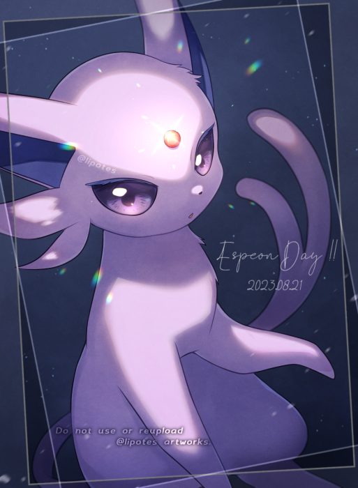 alopias character_name dated espeon forehead_jewel forked_tail framed mixed-language_commentary no_humans pokemon pokemon_(creature) purple_eyes purple_fur solo tail watermark