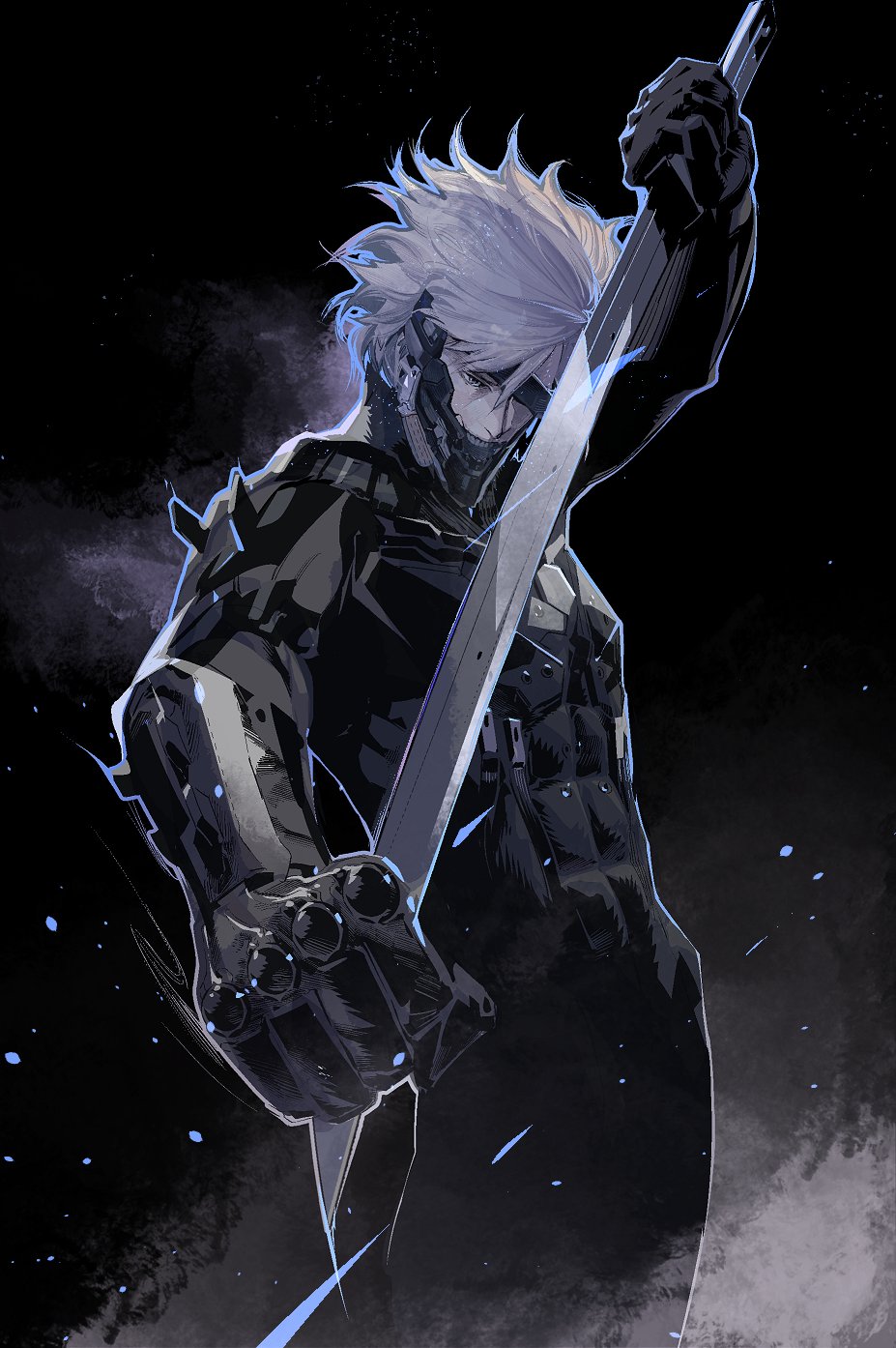 1boy bodysuit clenched_hand cofffee cyborg eyepatch gloves highres holding holding_weapon katana looking_at_viewer male_focus mechanical_parts metal_gear_(series) metal_gear_rising:_revengeance raiden_(metal_gear) short_hair solo sword weapon white_hair