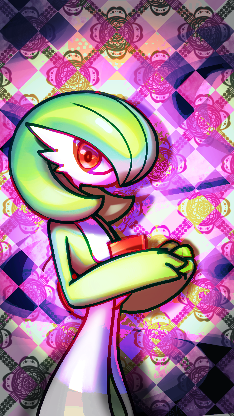 1girl ame_(metorui) bob_cut colored_skin commentary_request flat_chest gardevoir green_hair green_skin hair_over_one_eye hands_up highres looking_at_viewer multicolored_skin one_eye_covered own_hands_together partial_commentary pink_background pokemon pokemon_(creature) red_eyes short_hair solo standing two-tone_skin upper_body white_skin