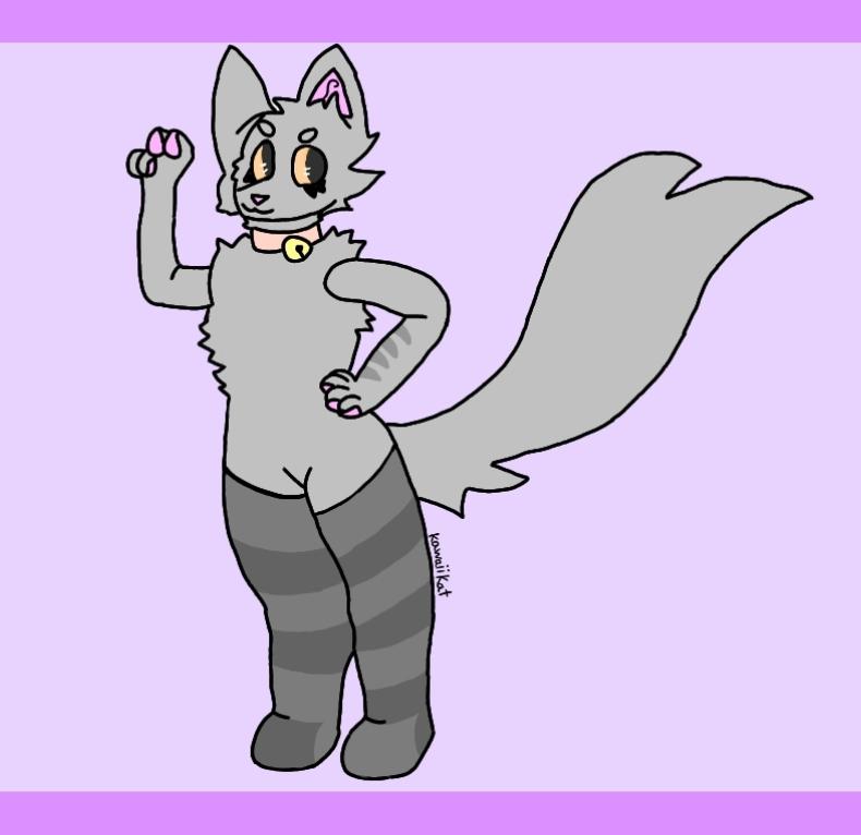 2023 arm_stripes bell cheek_tuft clothed clothing collar digital_media_(artwork) domestic_cat eyebrows eyeliner facial_tuft felid feline felis female flat_chested fluffy fluffy_tail full-length_portrait fur gesture grey_body grey_fur hand_on_hip izzy_(kawaiikat) kawaiikat legwear long_tail looking_away makeup mammal no_underwear orange_eyes pawpads portrait sassy shoulder_tuft signature simple_background solo tail thigh_highs topless tuft v_sign