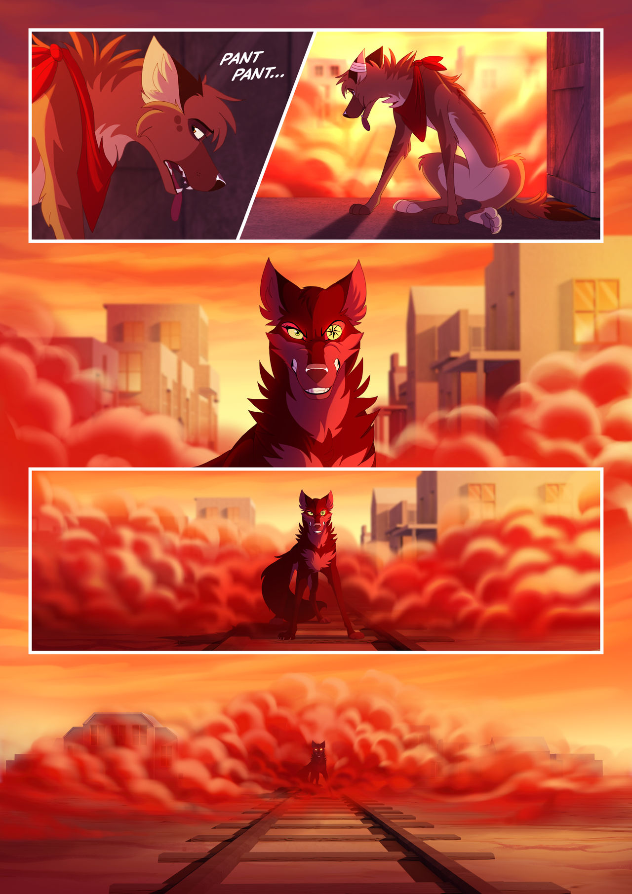 2020 angry bandanna brown_body brown_fur canid canine canis clenched_teeth colored comic devil_(skailla) domestic_dog duo female fur hi_res kerchief male mammal open_mouth quadruped red_bandanna red_body red_fur red_kerchief shut_eye skailla smoke steban_(skailla) tail teeth tongue tongue_out train vehicle