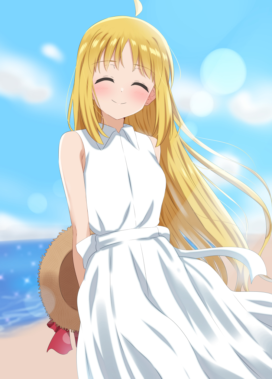1girl arms_behind_back beach blue_sky blush bocchi_the_rock! closed_mouth collared_dress commentary_request dars_(recolors) day dress hair_down hat headwear_removed highres holding holding_clothes holding_hat ijichi_nijika long_hair ocean outdoors sky sleeveless sleeveless_dress smile solo sun_hat very_long_hair white_dress