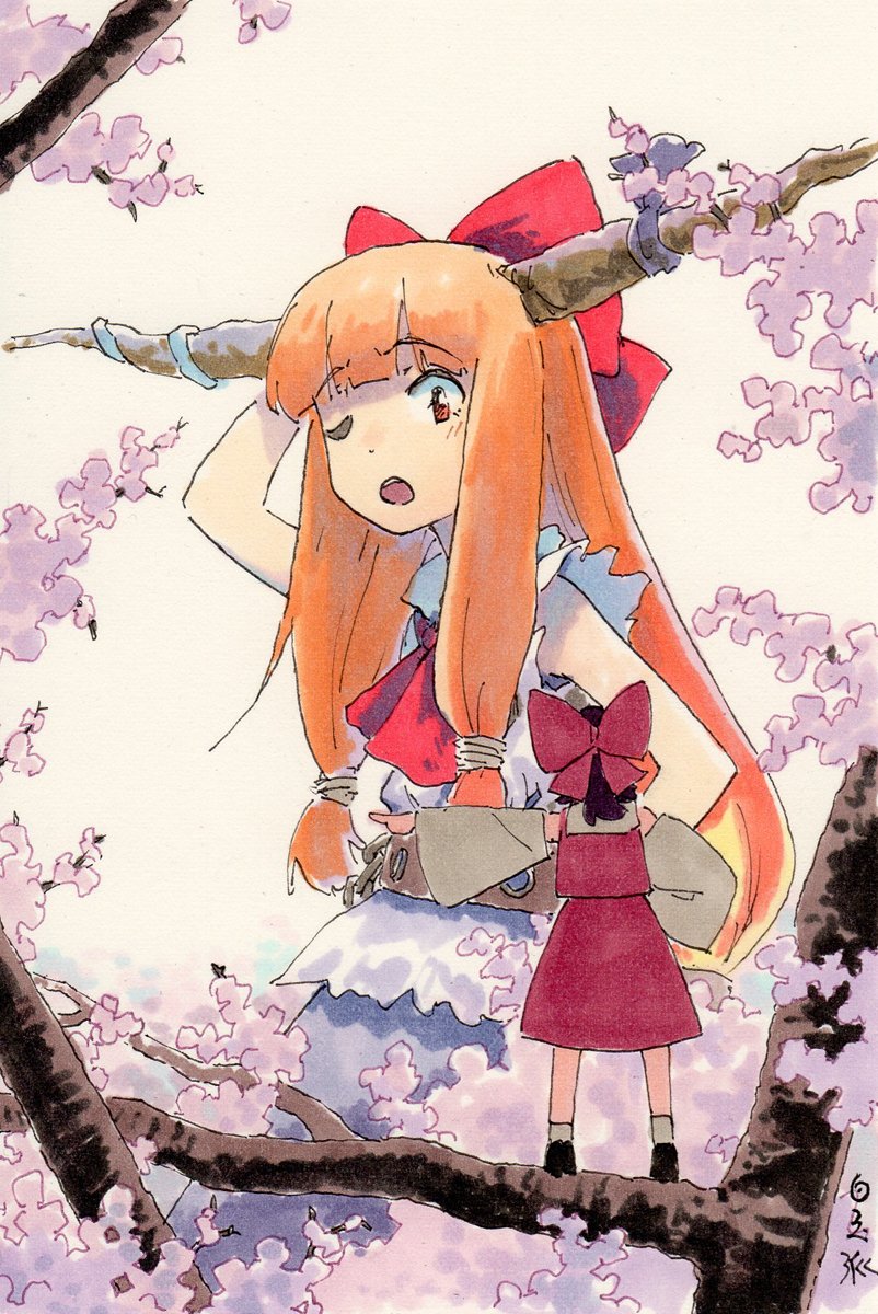 2girls belt blouse blue_ribbon blue_skirt blush bow bowtie branch brown_footwear brown_hair cherry_blossoms commentary_request detached_sleeves giant hair_bow hakurei_reimu hand_on_own_head hand_on_own_hip highres horn_ornament horn_ribbon horns ibuki_suika long_hair looking_at_another multiple_girls one_eye_closed oni oni_horns open_mouth orange_eyes orange_hair pointing pointing_to_the_side red_bow red_bowtie red_skirt red_vest ribbon shiratama_(hockey) shirt short_hair sidelocks signature skirt sleeveless sleeveless_shirt socks standing standing_on_branch teeth touhou traditional_media tree upper_teeth_only vest white_background white_shirt white_sleeves white_socks wide_sleeves