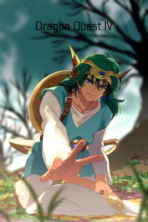 1boy bare_tree belt belt_buckle blue_eyes blue_gemstone blurry blurry_background buckle collarbone commentary_request crying dragon_quest dragon_quest_iv earrings echo_(circa) gem green_hair green_tunic headpiece hero_(dq4) jewelry kneeling long_sleeves medium_hair outdoors outstretched_hand parted_lips shield shield_on_back shirt shoulder_belt sword teardrop tears tree weapon weapon_on_back white_shirt