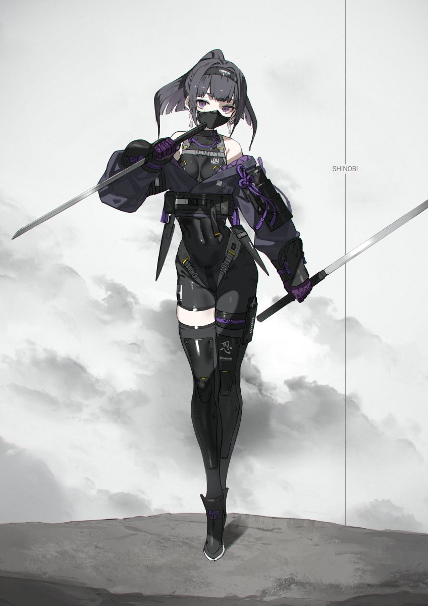 1girl asymmetrical_clothes bare_shoulders black_hair covered_navel crop_top dual_wielding earrings falslander full_body hairband highres holding jewelry looking_at_viewer mask mouth_mask neco ninja ninja_mask ponytail purple_eyes reverse_grip single_pantsleg single_thighhigh solo standing thigh_gap thigh_pouch thighhighs