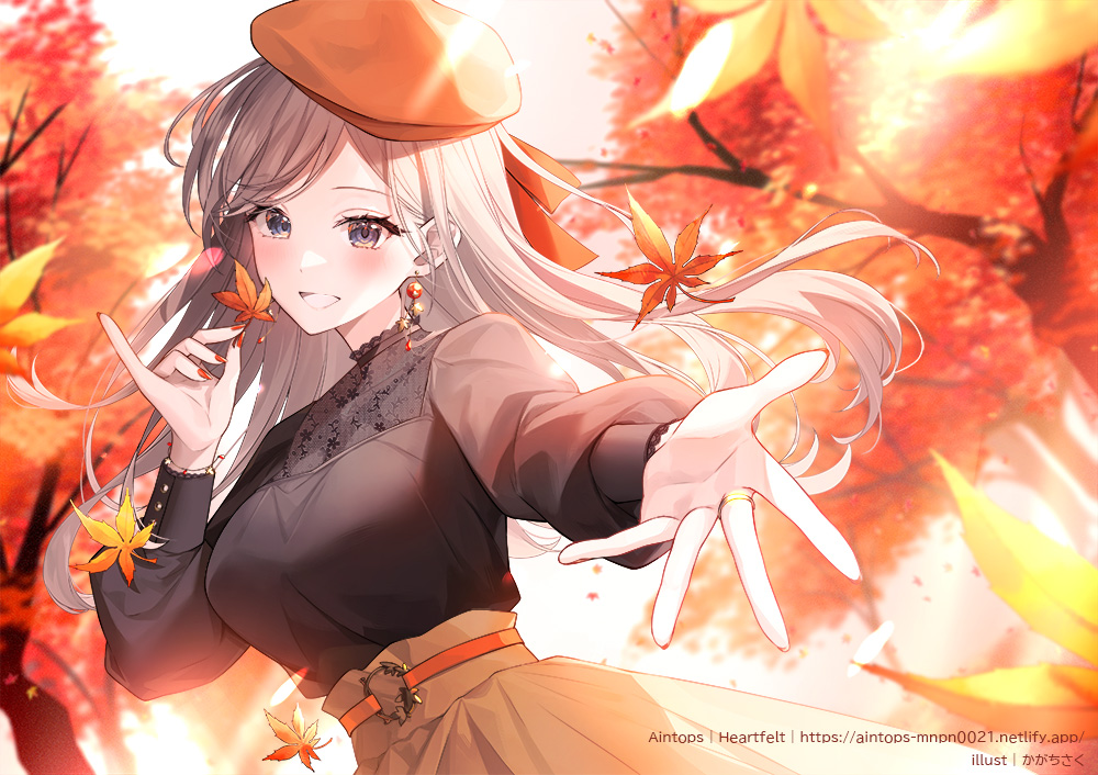 1girl :d album_cover artist_name autumn autumn_leaves belt beret black_shirt bloom blurry blurry_background blush breasts commentary cover depth_of_field dutch_angle earrings falling_leaves fingernails floating_hair grey_hair hand_up hat high-waist_skirt high_belt holding holding_leaf jewelry kagachi_saku leaf leaf_earrings long_hair long_sleeves looking_at_viewer maple_leaf maple_tree medium_breasts nail_polish open_hand open_mouth orange_belt orange_headwear original pinky_out puffy_long_sleeves puffy_sleeves purple_eyes reaching reaching_towards_viewer red_nails shirt skirt smile solo spread_fingers tree upper_body watermark web_address yellow_skirt