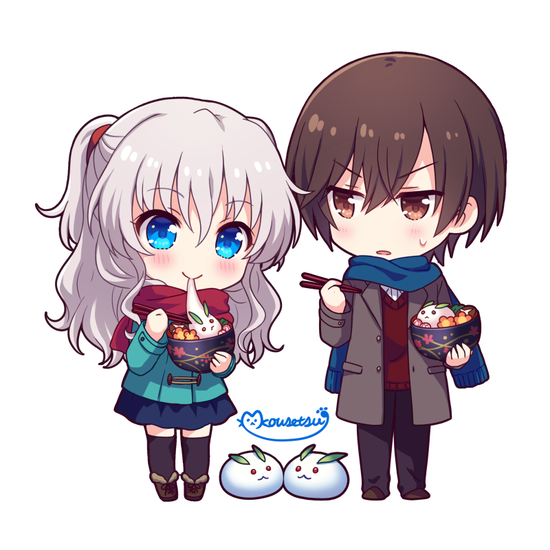 1boy 1girl aqua_jacket black_thighhighs blue_eyes blue_scarf blue_skirt blush boots bowl brown_coat brown_eyes brown_footwear brown_hair casual charlotte_(anime) chibi chopsticks closed_mouth coat commentary_request crossed_bangs eating food frown grey_hair hair_between_eyes half_updo holding holding_bowl holding_chopsticks jacket jitome kousetsu long_hair looking_at_another miniskirt mochi mochi_trail open_mouth otosaka_yuu red_scarf scarf short_hair short_ponytail signature simple_background skirt smile snow_rabbit sweatdrop thighhighs tomori_nao v-shaped_eyebrows wavy_hair white_background winter_clothes zettai_ryouiki