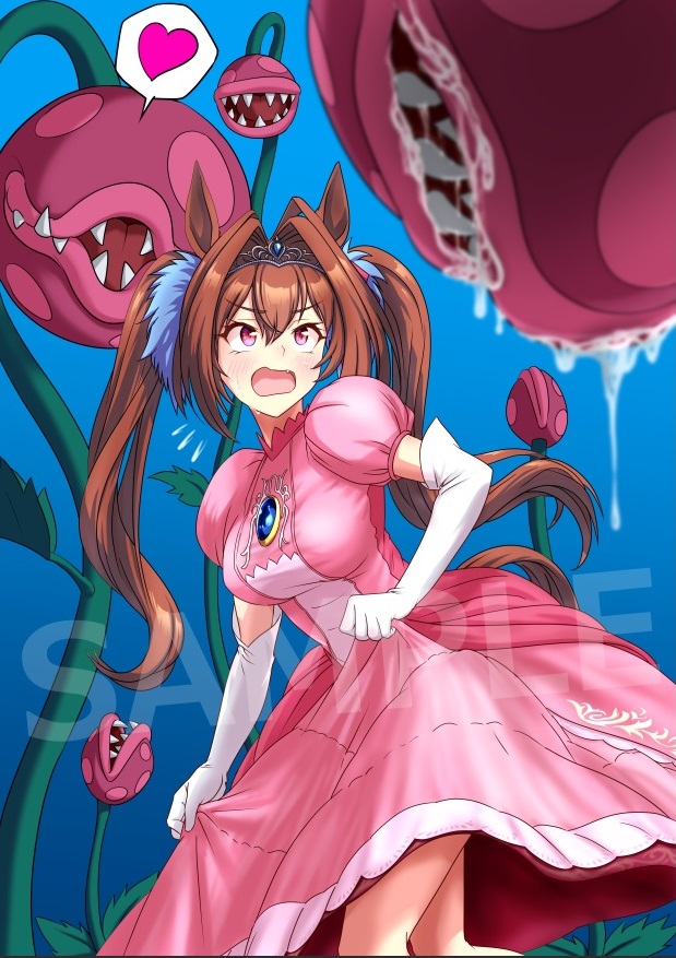 1girl animal_ears cheesecake_(artist) commission cosplay daiwa_scarlet_(umamusume) dress heart horse_ears horse_girl mario_(series) pink_dress piranha_plant plant princess_peach princess_peach_(cosplay) saliva sample_watermark sharp_teeth skeb_commission teeth tiara twintails umamusume watermark