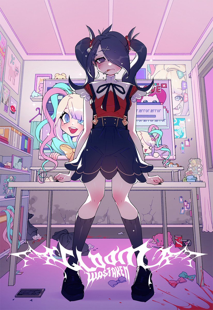 1girl ame-chan_(needy_girl_overdose) black_eyes black_footwear black_hair black_ribbon black_skirt black_socks blonde_hair blood blood_splatter blue_bow blue_eyes blue_hair blue_shirt bow can cellphone chouzetsusaikawa_tenshi-chan collar collared_shirt commentary error_message figure full_body gloomyuu_(gloomwastaken) hair_ornament hair_over_one_eye hair_tie hairclip highres indoors long_hair looking_at_viewer messy_room monitor multicolored_hair neck_ribbon needy_girl_overdose open_mouth phone pink_bow pink_hair poster_(object) purple_bow quad_tails red_nails red_shirt ribbon sailor_collar shelf shirt shirt_tucked_in signature skirt smartphone smile socks soda_can stuffed_toy suspender_skirt suspenders symbol-only_commentary table twintails very_long_hair white_collar window_(computing) x_hair_ornament yellow_bow