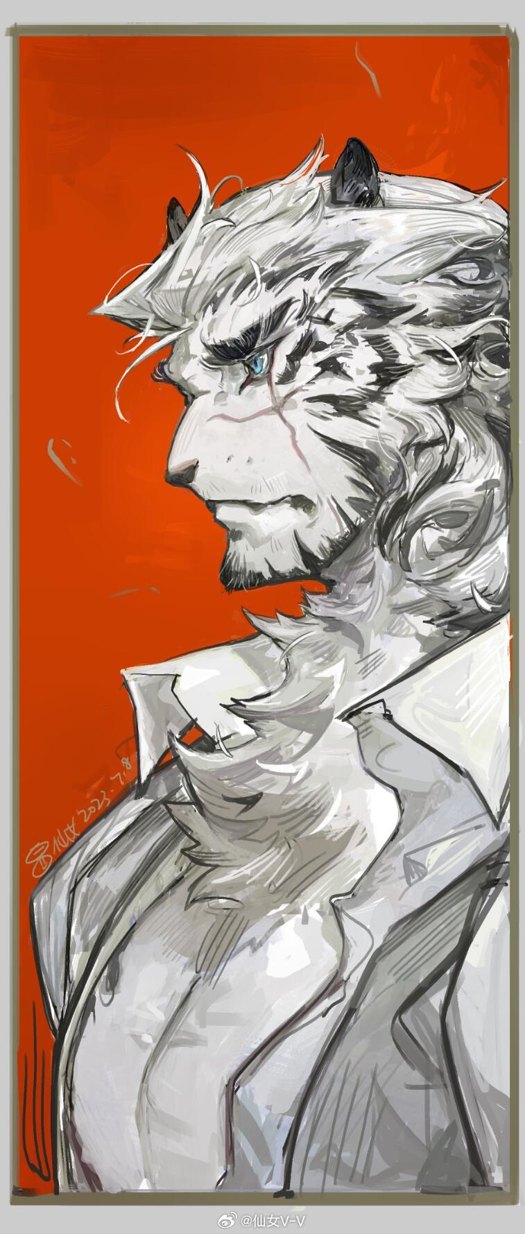 1boy animal_ears arknights bara collared_shirt facial_hair from_side furry furry_male goatee hair_slicked_back hair_strand highres large_pectorals looking_ahead male_focus mountain_(arknights) mountain_(book_reader)_(arknights) muscular muscular_male neck_fur official_alternate_costume open_clothes open_shirt pectoral_cleavage pectorals pipidan scar scar_across_eye shirt short_hair solo thick_eyebrows tiger_boy tiger_ears white_hair