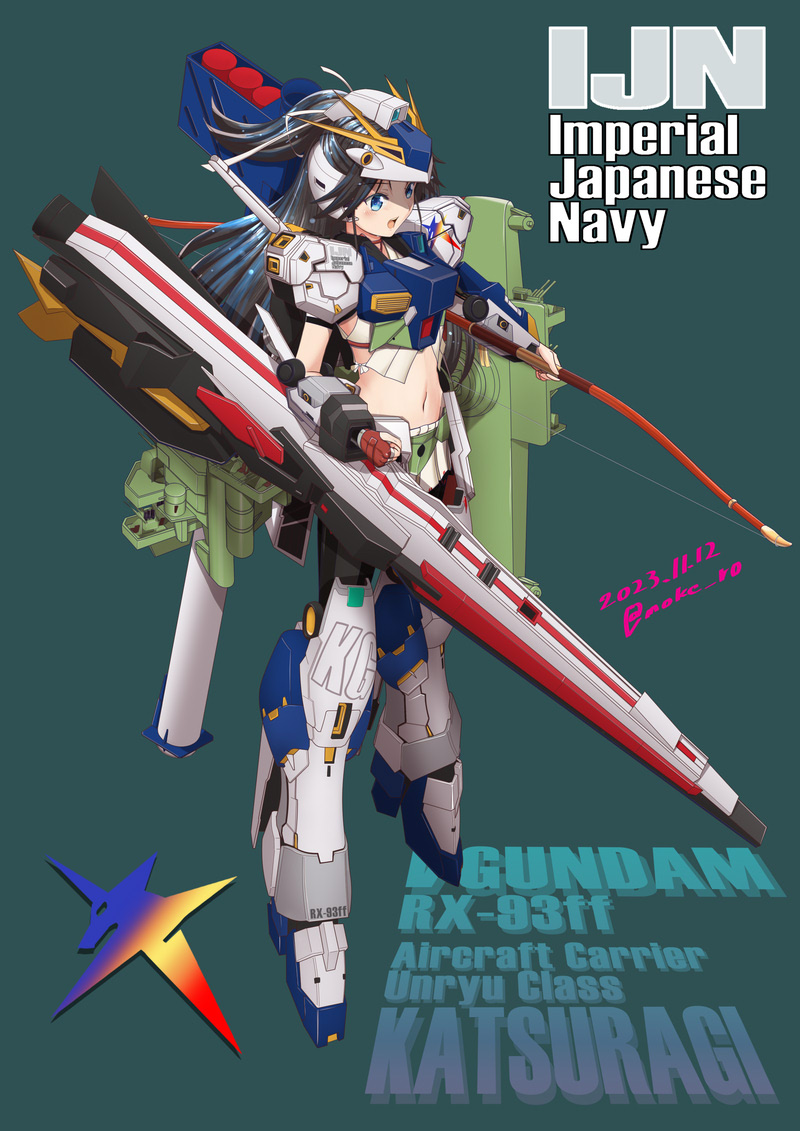 black_hair blue_eyes bow_(weapon) char's_counterattack character_name commentary_request commission cosplay dress full_body grey_background gun gundam helmet kantai_collection katsuragi_(kancolle) long_hair machinery mecha_musume midriff moke_ro nu_gundam_(rx-93ff) nu_gundam_(rx-93ff)_(cosplay) pixiv_commission pleated_dress ponytail simple_background skirt smile weapon white_skirt