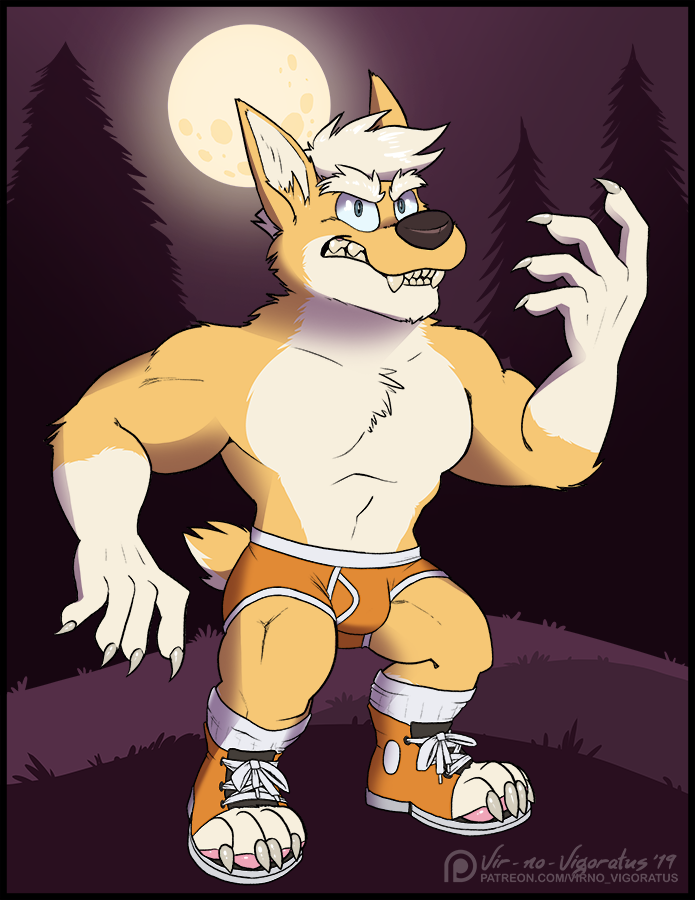 anthro avery_(vir-no-vigoratus) blonde_hair blue_eyes briefs brown_nose bulge canid canine canis claws clothed clothing colored_seam_underwear domestic_dog eyebrows footwear fur gums_(mouth) hair herding_dog light male mammal moonlight muscular muscular_male night open_mouth orange_body orange_briefs orange_clothing orange_footwear orange_fur orange_shoes orange_sneakers orange_underwear outside pastoral_dog pawpads pink_pawpads plant purple_sky sharp_teeth shoes sneakers socks solo tan_body tan_fur teeth thick_eyebrows toeless_footwear toeless_shoes toeless_socks topless tree underwear vir-no-vigoratus welsh_corgi were werecanid werecanine werewolf white_clothing white_footwear white_seam_briefs white_seam_underwear white_socks yellow_teeth