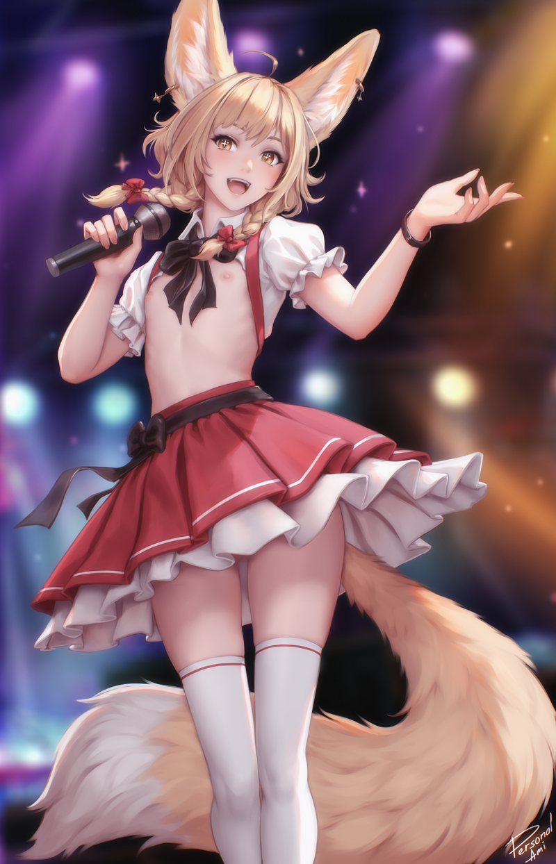 +_+ 1girl :d animal_ears black_bow black_bowtie black_bracelet bow bowtie braid feet_out_of_frame flat_chest fox_ears fox_girl fox_tail hair_bow hands_up highres holding holding_microphone idol idol_clothes khiara_(personal_ami) looking_at_viewer medium_hair microphone nipples non-web_source open_clothes open_mouth open_shirt original paid_reward_available personal_ami red_bow red_skirt shirt short_sleeves signature skirt smile solo stage_lights tail teeth thighhighs twin_braids upper_teeth_only white_shirt white_thighhighs yellow_eyes