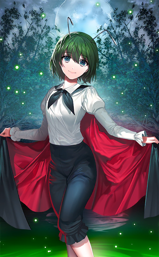 1girl antennae black_cape black_pants cape cape_lift closed_mouth cloud cloudy_sky fireflies forest frilled_pants frilled_sleeves frills full_moon green_eyes green_hair juliet_sleeves lifted_by_self long_sleeves looking_at_viewer moon nature night official_art pants puffy_sleeves red_cape shirt short_hair sky smile touhou touhou_cannonball tree tsukimoto_aoi white_shirt wriggle_nightbug