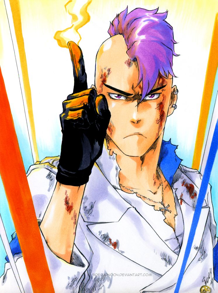 arm_up artist_name bazz-b black_gloves bleach bleach:_the_thousand-year_blood_war blood closed_mouth collarbone earrings fire furrowed_brow gloves hair_between_eyes index_finger_raised injury jewelry long_sleeves looking_at_viewer male_focus marker_(medium) mohawk necklace purple_eyes purple_hair pyrokinesis quincy_(bleach) shirt sideburn004 torn_clothes traditional_media upper_body white_shirt