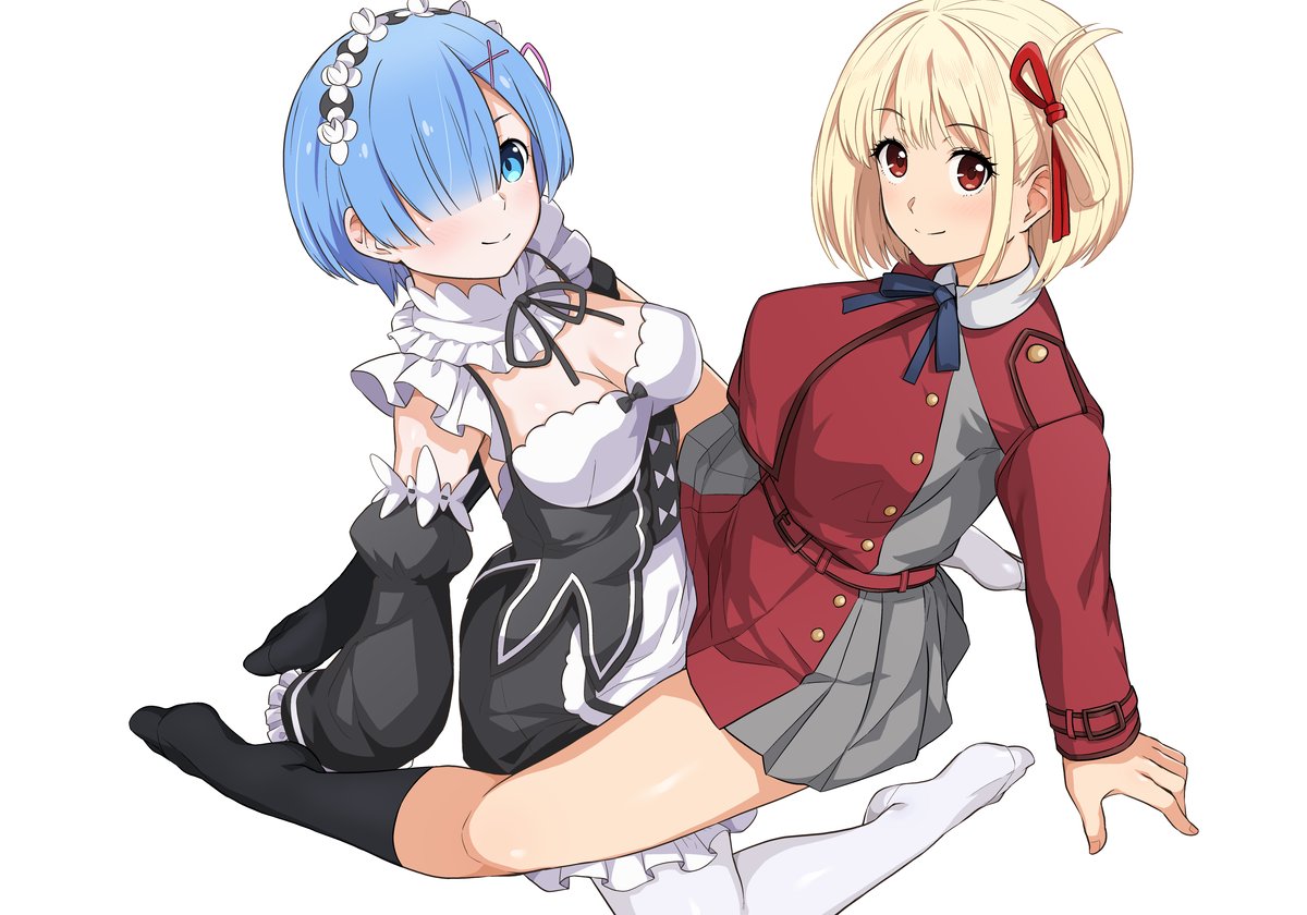 2girls belt black_dress black_socks blonde_hair blue_eyes blue_hair blunt_bangs breasts cleavage closed_mouth commentary crossover detached_sleeves dress frilled_sleeves frills grey_dress hair_ornament hair_over_one_eye hair_ribbon haruhisky large_breasts light_smile long_sleeves looking_at_viewer lycoris_recoil lycoris_uniform multiple_girls neck_ribbon nishikigi_chisato no_shoes re:zero_kara_hajimeru_isekai_seikatsu red_belt red_dress red_eyes red_ribbon rem_(re:zero) ribbon roswaal_mansion_maid_uniform sitting sleeves_past_fingers sleeves_past_wrists socks spread_legs thighhighs thighs two-tone_dress white_dress white_thighhighs x_hair_ornament