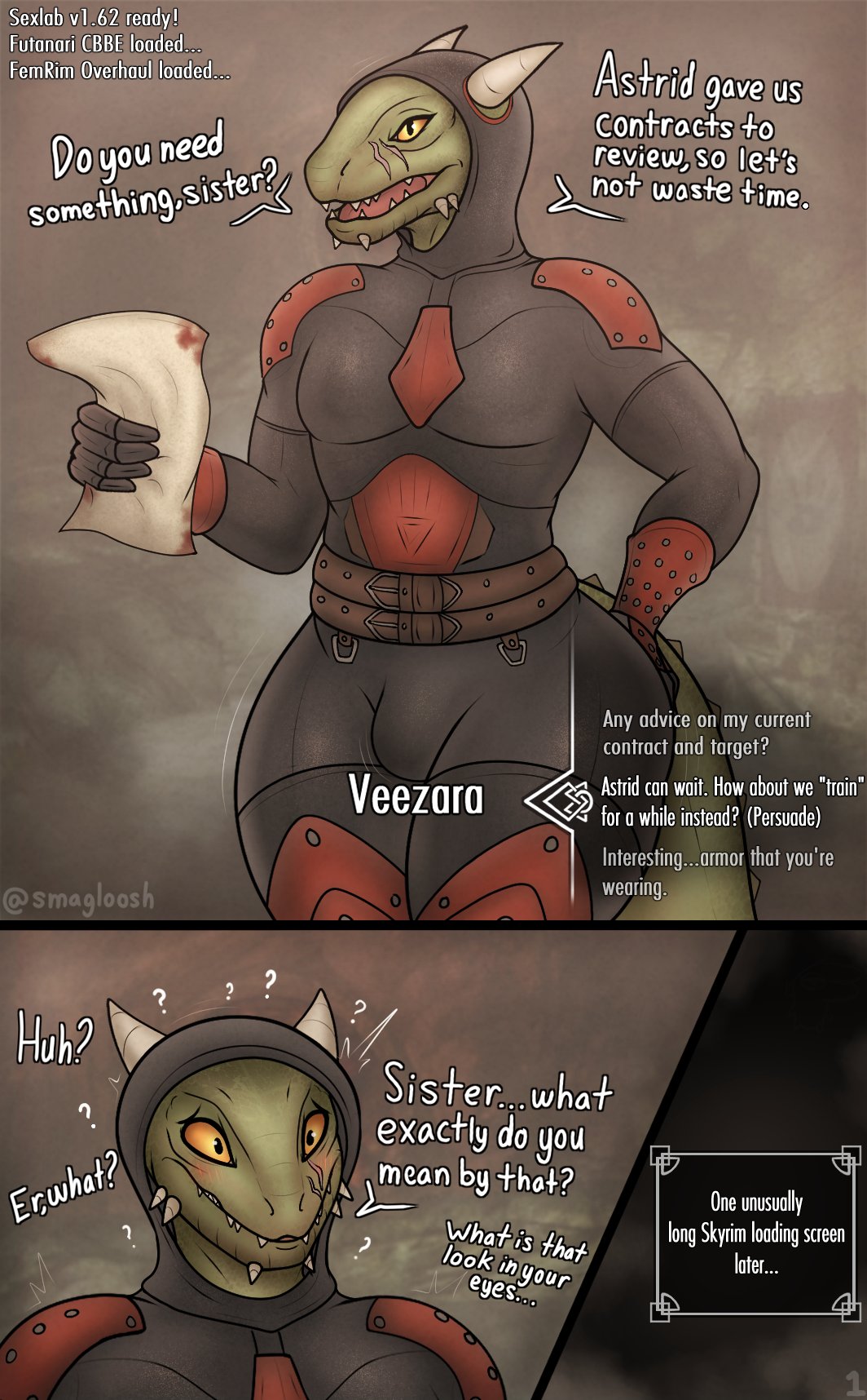 anthro argonian belt bethesda_softworks blush bulge clothed clothing confusion dialogue digital_drawing_(artwork) digital_media_(artwork) english_text green_body green_scales hi_res hood horn male question_mark reptile scales scalie scar sharp_teeth signature simple_background skyrim smagloosh solo spikes spikes_(anatomy) tail talking_to_viewer teeth text the_elder_scrolls veezara wide_hips yellow_sclera