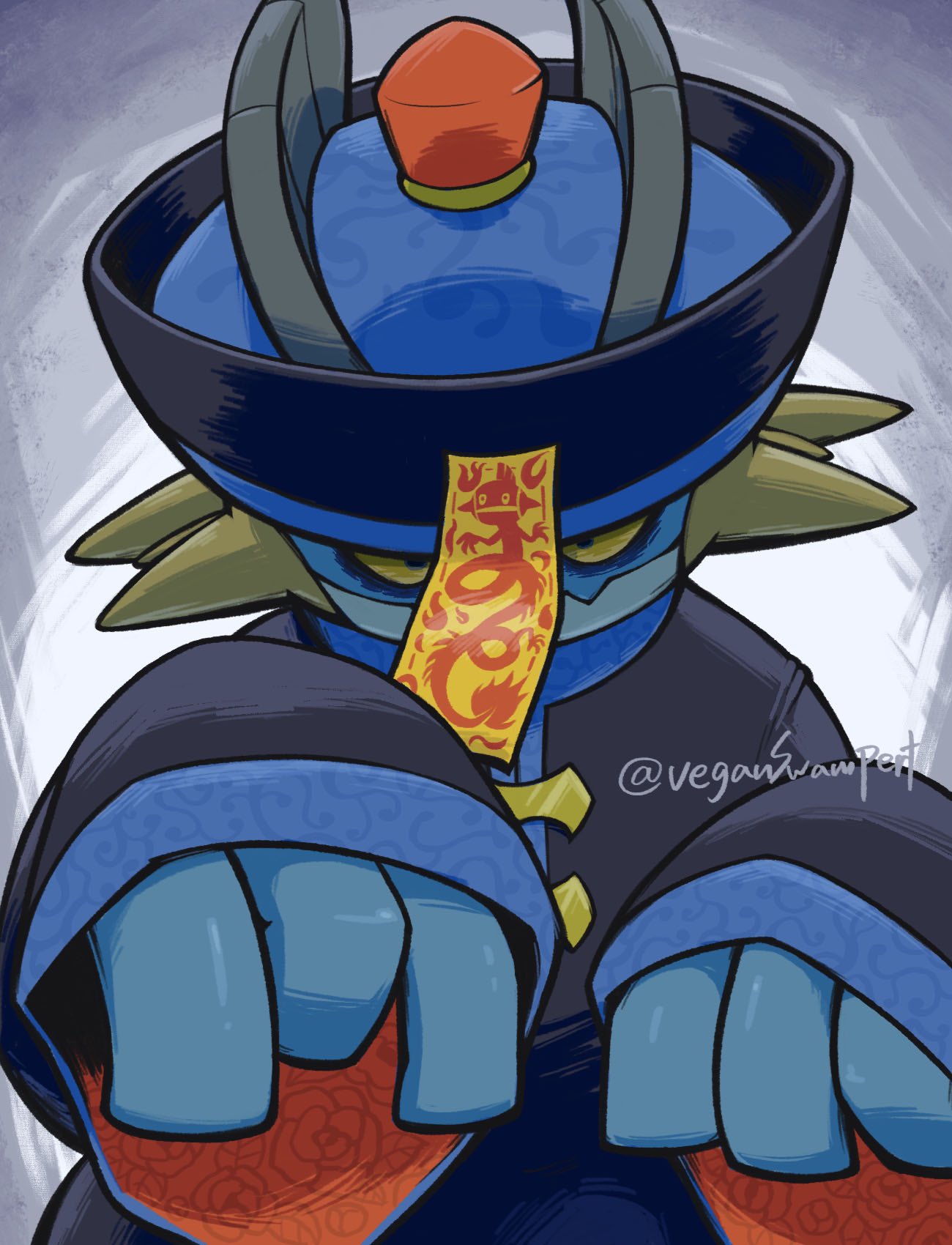 ._. chinese_clothes colored_sclera commentary_request hat highres jiangshi looking_at_viewer marshtomp no_humans pokemon pokemon_(creature) smile solo swampert veganswampert yellow_sclera