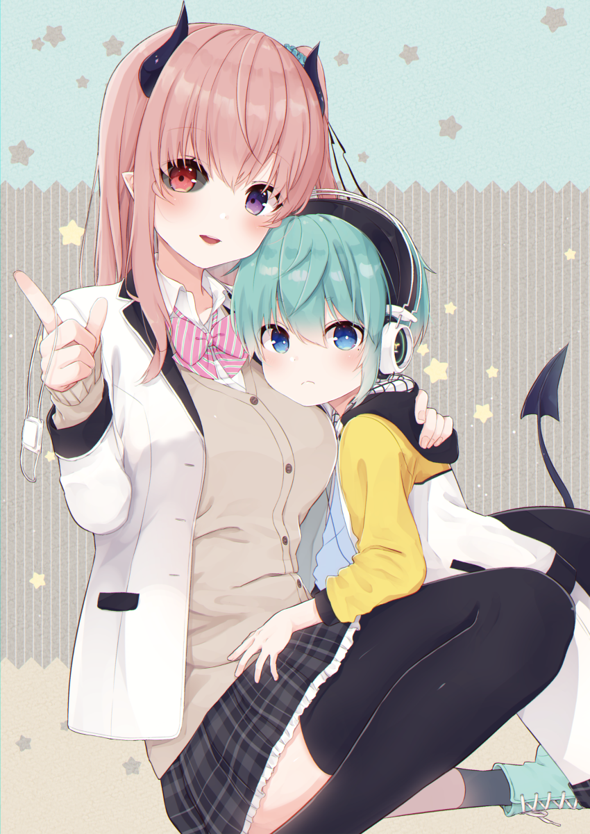 1boy 1girl age_difference aqua_footwear black_horns black_skirt black_socks black_thighhighs blue_eyes blue_hair blue_scrunchie bow bowtie breasts bright_pupils brown_sweater collared_shirt demon_girl demon_horns demon_tail diagonal-striped_bow diagonal-striped_bowtie diagonal_stripes hair_between_eyes hair_ornament hair_scrunchie headphones heterochromia highres hood hood_down hoodie horns jacket long_hair multicolored_clothes multicolored_hoodie nei_akutsu onee-shota original os_(os_fresa) parted_lips pink_bow pink_bowtie pink_eyes pink_hair plaid plaid_skirt pointing purple_eyes scrunchie shirt side_ponytail skirt socks souta_kandori star_(symbol) striped sweater tail thighhighs white_jacket white_pupils white_shirt