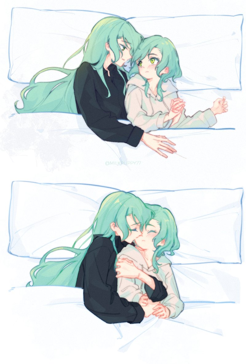 2girls aqua_hair bang_dream! bed_sheet blue_shirt closed_eyes green_eyes hikawa_hina hikawa_sayo holding_hands hug incest interlocked_fingers long_hair looking_at_another medium_hair milk_puppy multiple_girls noses_touching pillow shirt siblings sisters twincest twins twitter_username under_covers waking_up watermark white_shirt yuri