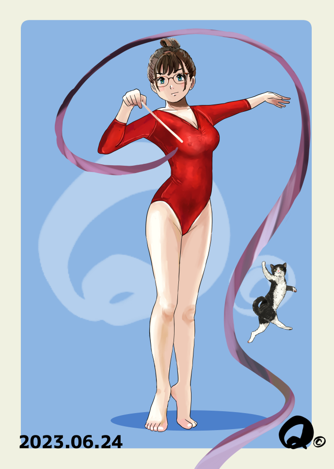 1girl blue_background blue_eyes border breasts brown_hair cat covered_nipples dated full_body glasses gymnastics hair_up leotard original q98780409 red_leotard rhythmic_gymnastics ribbon_baton simple_background small_breasts solo standing tiptoes toes white_border