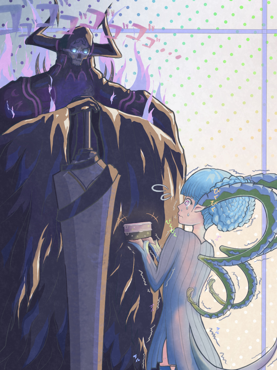 1boy 1girl bento blue_eyes blue_hair curled_horns fate/grand_order fate_(series) glowing glowing_eyes height_difference highres holding_bento horns king_hassan_(fate) larva_tiamat_(fate) scared sword tiamat_(fate) trembling upper_body user_negu2872 weapon