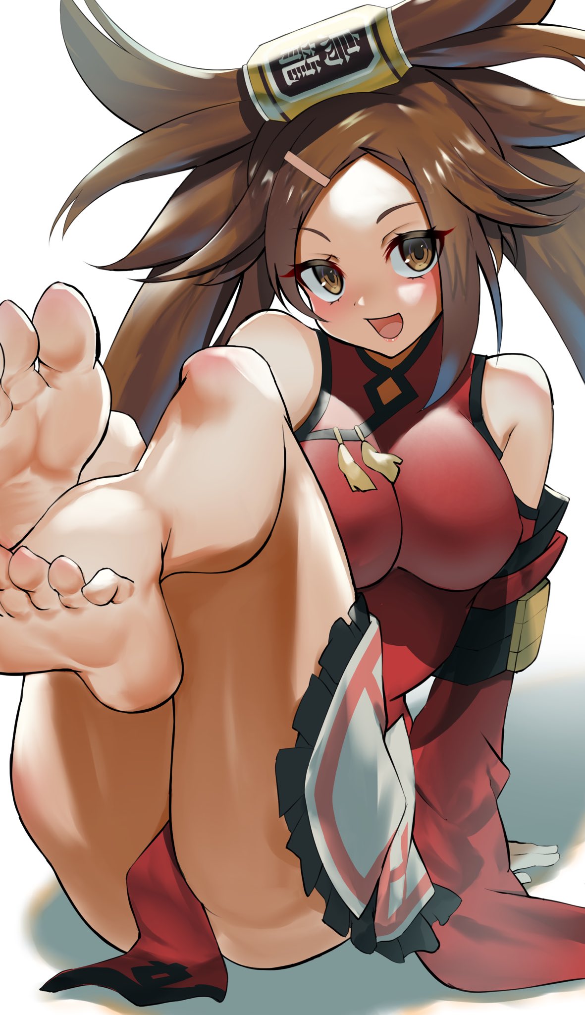 1girl ass bare_shoulders blush breasts brown_eyes brown_hair china_dress chinese_clothes detached_sleeves dress feet guilty_gear guilty_gear_xrd hair_rings highres kuradoberi_jam large_breasts long_hair looking_at_viewer open_mouth red_dress sato_one1 smile very_long_hair wide_sleeves