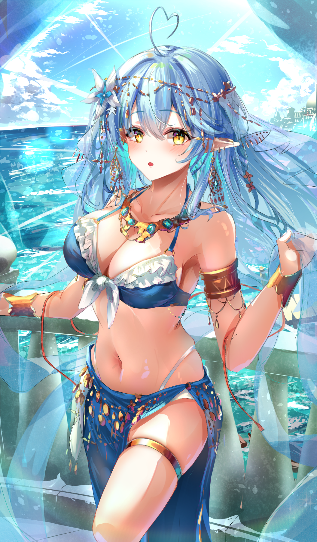 1girl against_railing ahoge armlet bikini bikini_top_only blue_bikini blue_hair blue_skirt blush bracelet breasts cleavage colored_tips commentary crossed_bangs double-parted_bangs earrings frilled_bikini frills front-tie_bikini_top front-tie_top hai_0013 hair_between_eyes harem_outfit head_chain heart heart_ahoge highres hololive jewelry knee_up large_breasts long_hair long_skirt looking_at_viewer multicolored_hair necklace ocean open_mouth outdoors panties panty_straps pointy_ears railing side_slit skirt solo streaked_hair surprised swimsuit thighlet underwear veil very_long_hair virtual_youtuber white_panties yellow_eyes yukihana_lamy