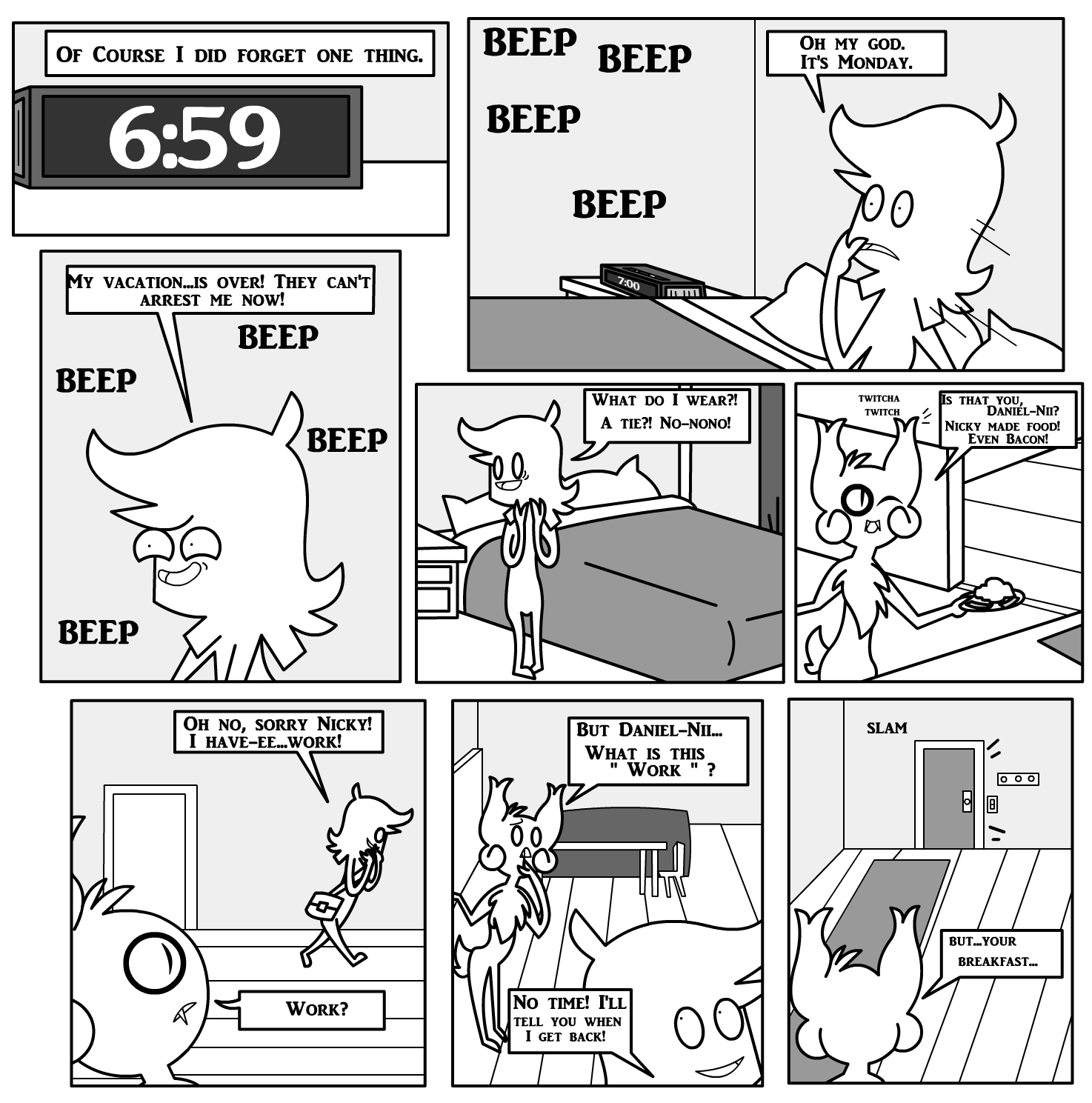 alarm_clock ambiguous_gender anthro bat bed carpet chair clock comic daniel_toke dialogue door doorframe doorknob doorway drawer duo english_text fangs food furniture greyscale hi_res holding_object holding_plate human inner_monologue looking_at_another male male/ambiguous mammal monochrome motion_lines narration narrowed_eyes nicky_(abfmh) nightstand nude on_bed one_eye_closed open_mouth overbite pillow plate satchel shane_frost smile sound_effects speech_bubble standing table teeth text walking