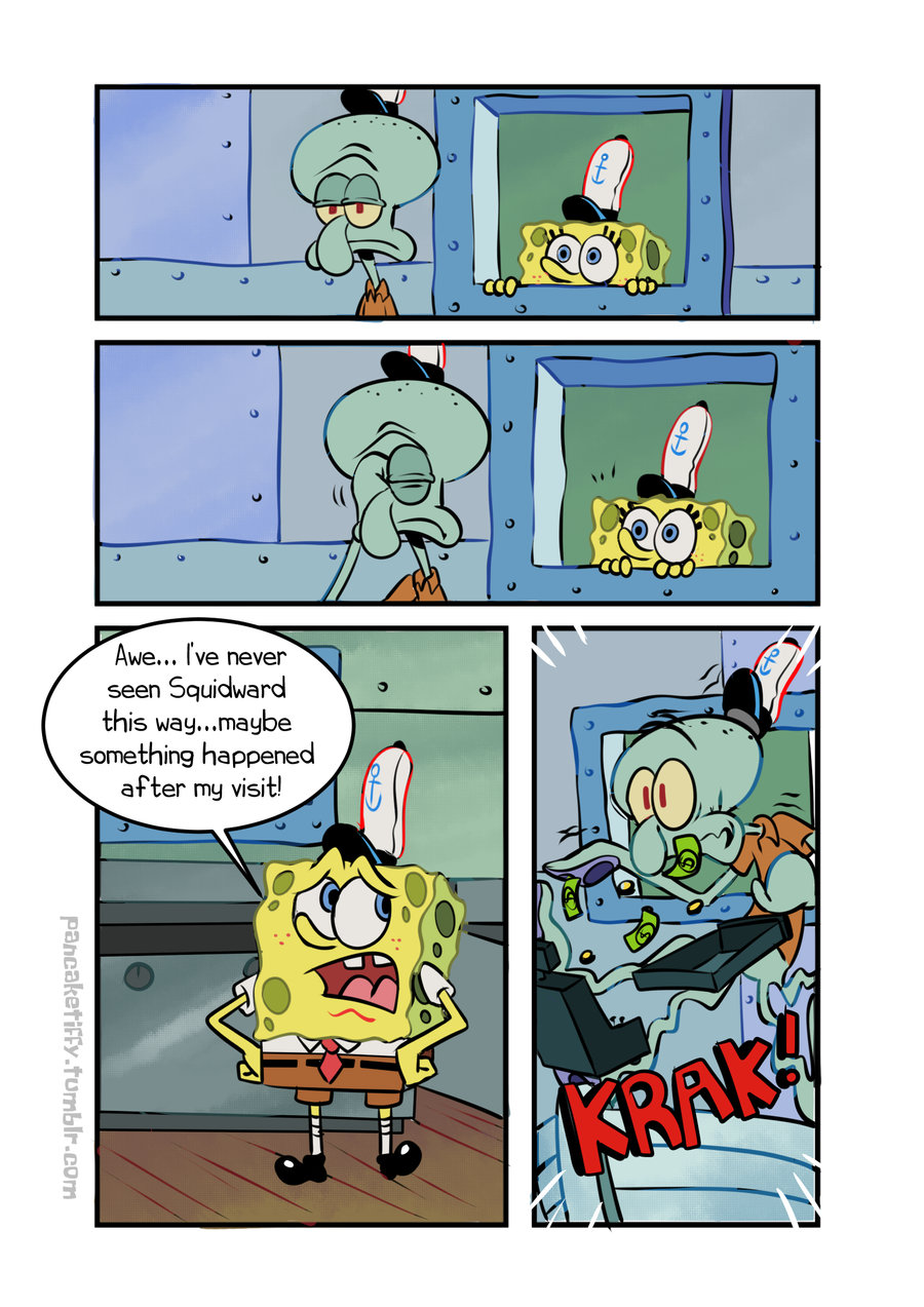 anthro cephalopod clothed clothing coleoid comic detailed_background dialogue duo fully_clothed hi_res inside male marine mollusk nickelodeon octopodiform octopus on_model pancaketiffy sea_sponge sound_effects speech_bubble spongebob_squarepants spongebob_squarepants_(character) squidward_tentacles surprised_expression toony