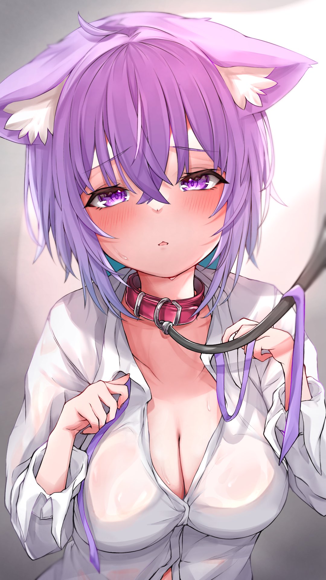 1girl animal_collar animal_ear_fluff animal_ears blush breasts cat_ears cat_girl cleavage collar collared_shirt commentary_request crossed_bangs dress_shirt grey_background highres hololive large_breasts leash long_sleeves looking_at_viewer nekomata_okayu no_bra official_alternate_costume parted_lips partially_unbuttoned purple_eyes purple_hair shirt short_hair solo sweat tooya0923 upper_body viewer_holding_leash virtual_youtuber white_shirt