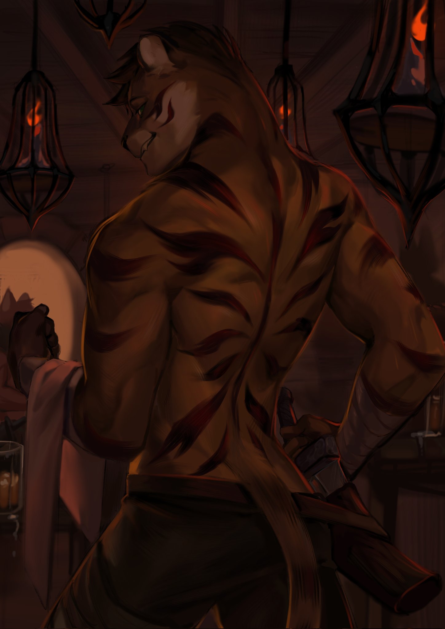 2022 anthro bottomwear clothed clothing dagger felid fur hair hi_res looking_at_viewer looking_back male mammal mawarisaka3 melee_weapon muscular muscular_anthro muscular_male pantherine shorts shorts_only smile solo stripes tail tiger topless towel weapon
