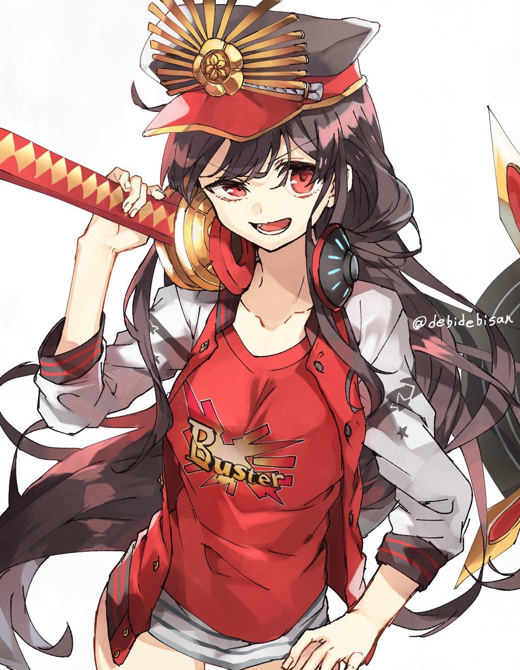 1girl black_hair breasts buster_shirt chibirisu collarbone commentary_request contrapposto cowboy_shot fate/grand_order fate_(series) hand_on_own_hip hat headphones headphones_around_neck highres jacket katana long_hair looking_at_viewer medium_breasts oda_nobunaga_(fate) oda_nobunaga_(swimsuit_berserker)_(fate) oda_uri over_shoulder red_eyes shirt smile solo sword sword_over_shoulder t-shirt thighs twitter_username very_long_hair weapon weapon_over_shoulder white_jacket