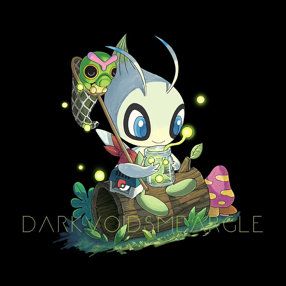 artist_name black_background blue_eyes butterfly_net caterpie celebi closed_mouth commentary darkvoiddoble glowing hand_net holding jar leaf looking_down no_humans pokemon pokemon_(creature) smile watermark