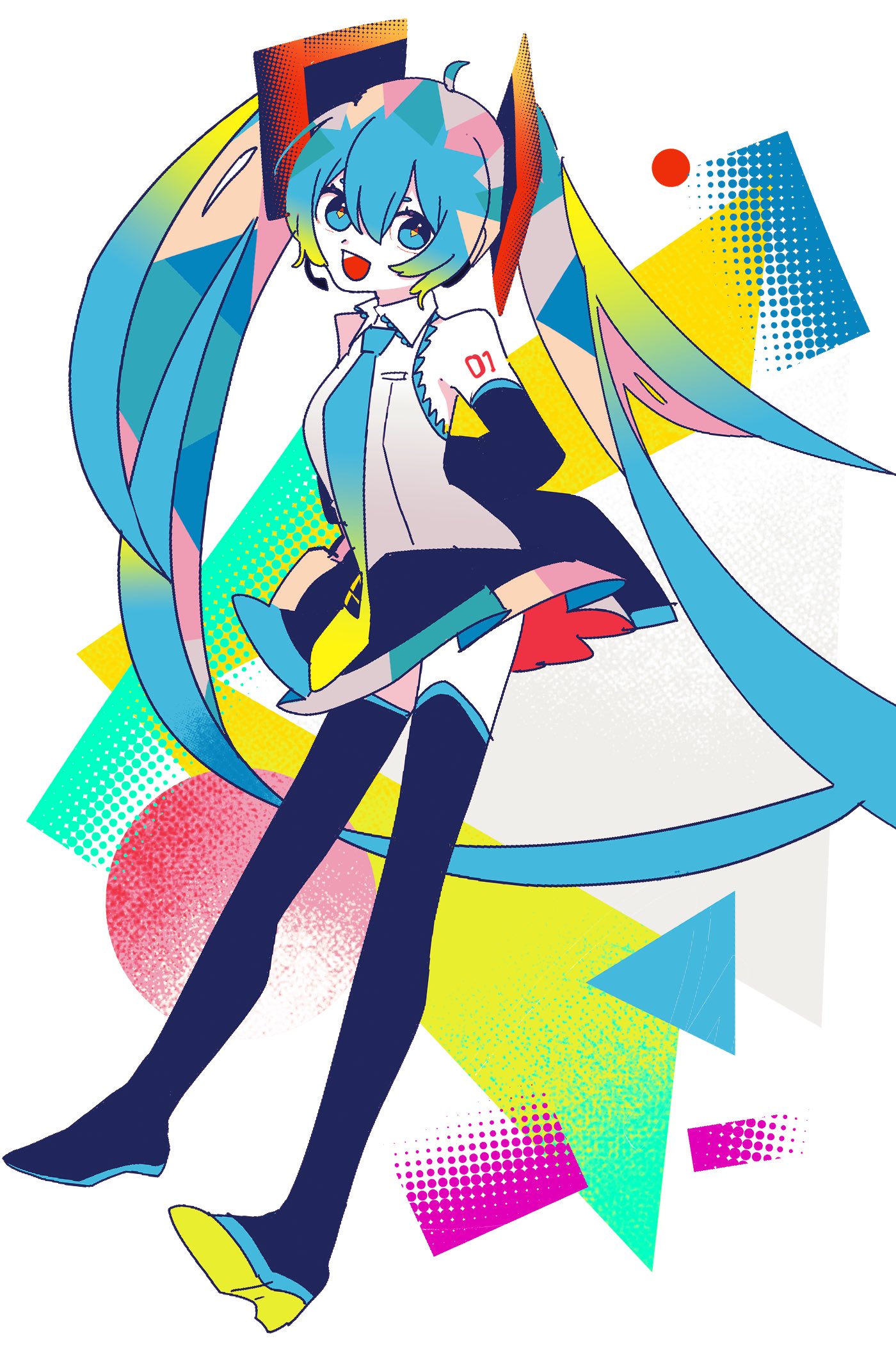 1girl :d abstract_background ahoge arm_tattoo arms_behind_back black_skirt black_sleeves black_thighhighs blue_eyes blue_hair blue_necktie boots collared_shirt colored_shoe_soles commentary detached_sleeves full_body gradient_necktie hair_ornament halftone hatsune_miku headset highres light_blue_hair long_hair looking_at_viewer machigami_yoh miniskirt necktie number_tattoo open_mouth shapes shirt simple_background skirt sleeveless sleeveless_shirt smile solo standing tattoo thigh_boots thighhighs twintails very_long_hair vocaloid white_background white_shirt yellow_necktie zettai_ryouiki
