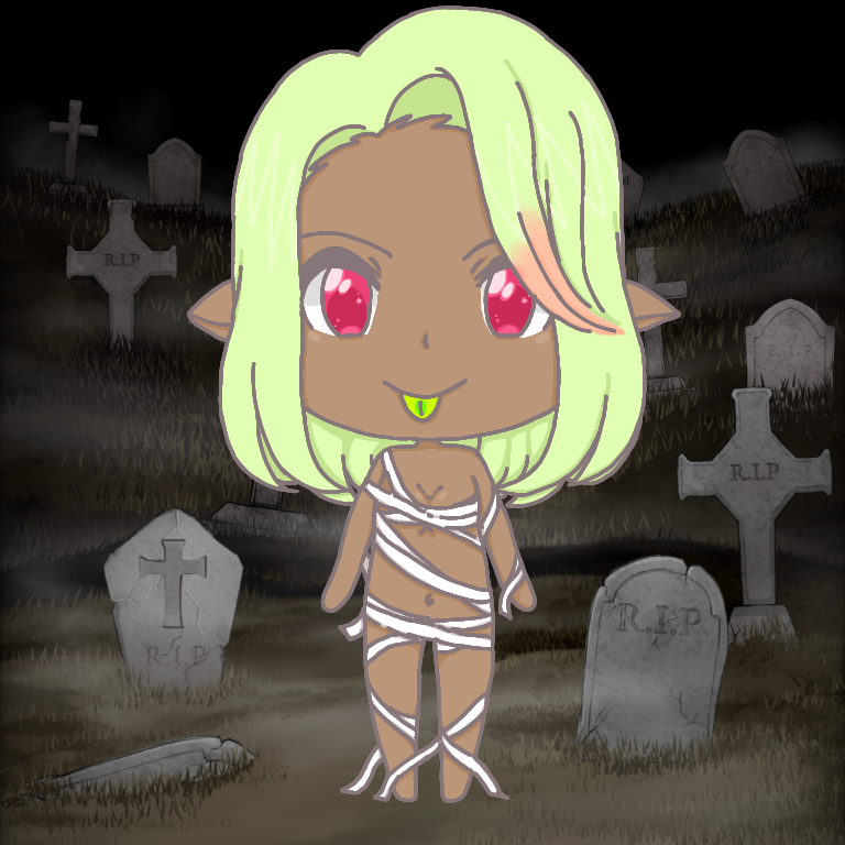 brown_body chibi cute_expression elf etching female female/female halloween_costume halloween_theme happy_halloween human humanoid humanoid_pointy_ears mammal mummie red_eyes solo sunkami tongue yellow_tongue